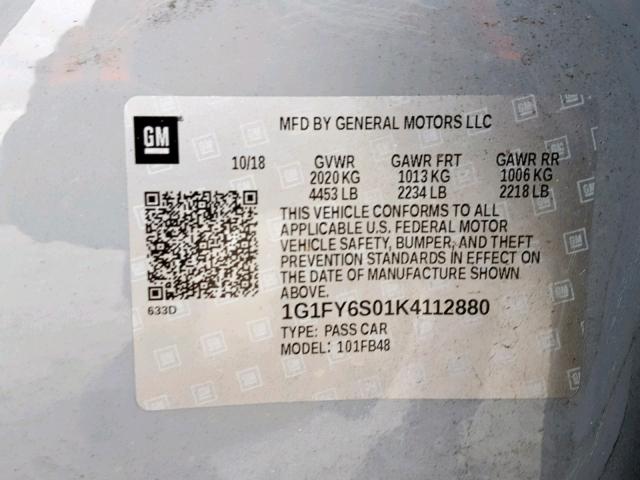 1G1FY6S01K4112880 - 2019 CHEVROLET BOLT EV LT GRAY photo 10