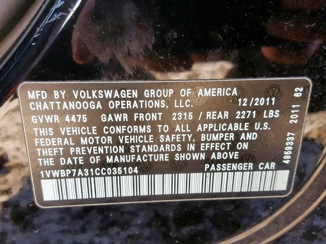 1VWBP7A31CC035104 - 2012 VOLKSWAGEN PASSAT SE BLACK photo 10