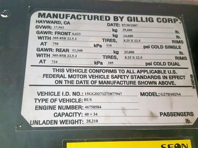 15GGD271271077947 - 2007 GILLIG TRANSIT BU PINK photo 10