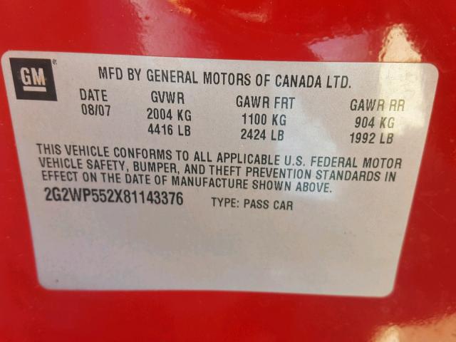 2G2WP552X81143376 - 2008 PONTIAC GRAND PRIX RED photo 10