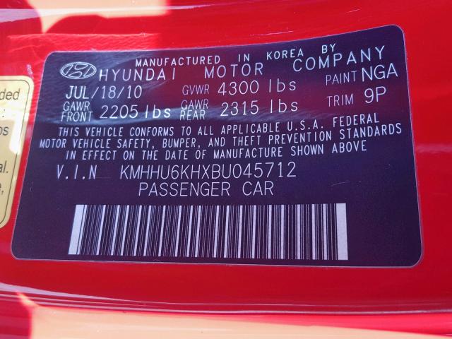 KMHHU6KHXBU045712 - 2011 HYUNDAI GENESIS CO RED photo 10