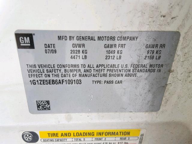 1G1ZE5EB6AF109103 - 2010 CHEVROLET MALIBU LTZ თეთრი ფოტო 10