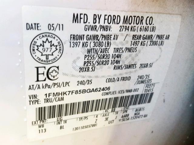 1FMHK7F85BGA62406 - 2011 FORD EXPLORER L BLACK photo 10