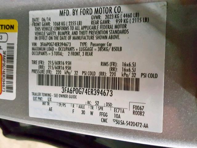 3FA6P0G74ER394673 - 2014 FORD FUSION S GRAY photo 10