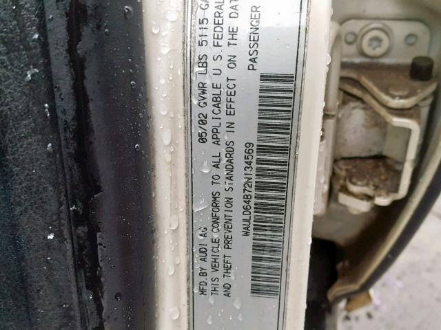 WAULD64B72N134569 - 2002 AUDI A6 2.7T QU CREAM photo 10