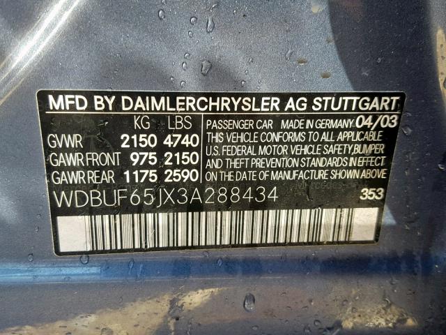 WDBUF65JX3A288434 - 2003 MERCEDES-BENZ E 320 BLUE photo 10