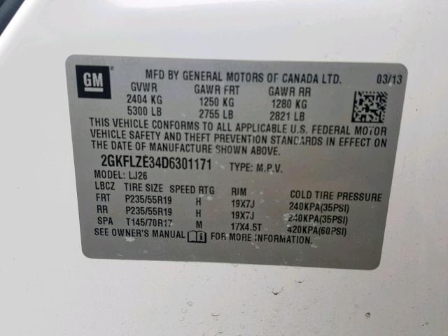 2GKFLZE34D6301171 - 2013 GMC TERRAIN DE WHITE photo 10