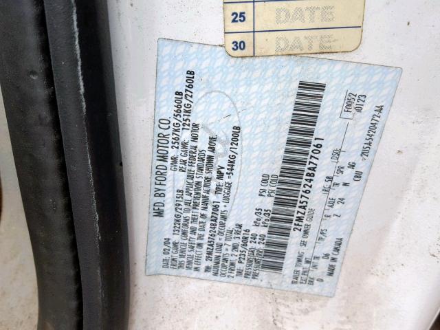 2FMZA57624BA77061 - 2004 FORD FREESTAR S WHITE photo 10