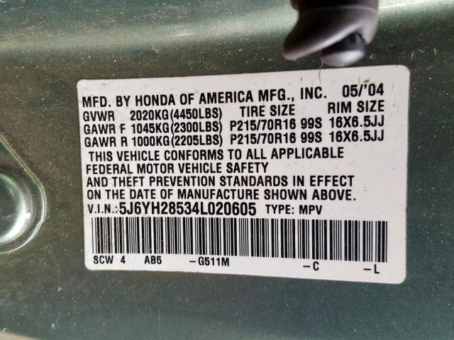 5J6YH28534L020605 - 2004 HONDA ELEMENT EX GREEN photo 10