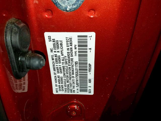 5J6YH17553L011785 - 2003 HONDA ELEMENT EX ORANGE photo 10