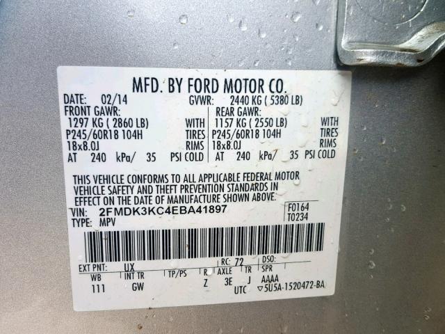 2FMDK3KC4EBA41897 - 2014 FORD EDGE LIMIT SILVER photo 10