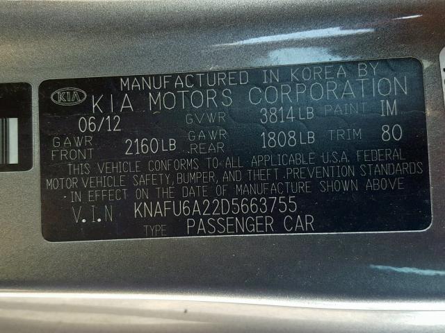 KNAFU6A22D5663755 - 2013 KIA FORTE EX GRAY photo 10