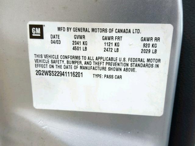 2G2WS522941116201 - 2004 PONTIAC GRAND PRIX SILVER photo 10