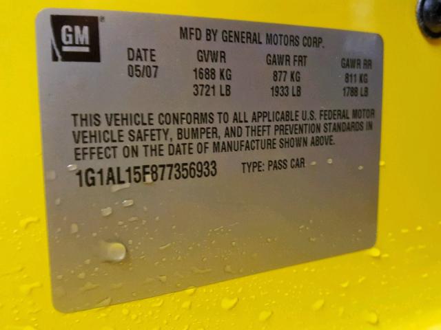 1G1AL15F877356933 - 2007 CHEVROLET COBALT LT YELLOW photo 10