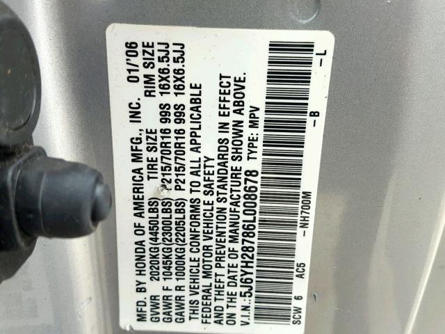 5J6YH28786L008678 - 2006 HONDA ELEMENT EX SILVER photo 10