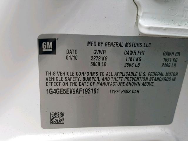 1G4GE5EV9AF193101 - 2010 BUICK LACROSSE C WHITE photo 10