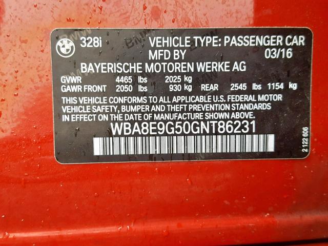 WBA8E9G50GNT86231 - 2016 BMW 328 I SULE RED photo 10