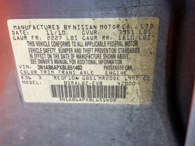 3N1AB6APXBL651402 - 2011 NISSAN SENTRA 2.0 SILVER photo 10