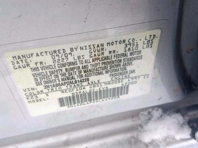 3N1AB6AP2AL614228 - 2010 NISSAN SENTRA 2.0 SILVER photo 10