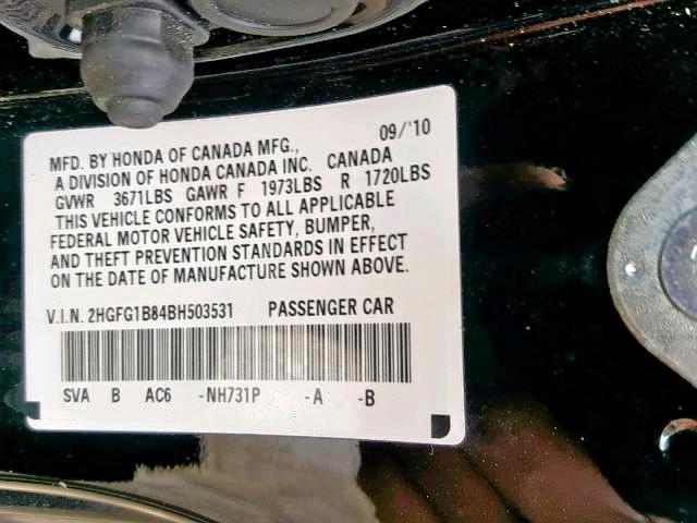 2HGFG1B84BH503531 - 2011 HONDA CIVIC EX BLACK photo 10