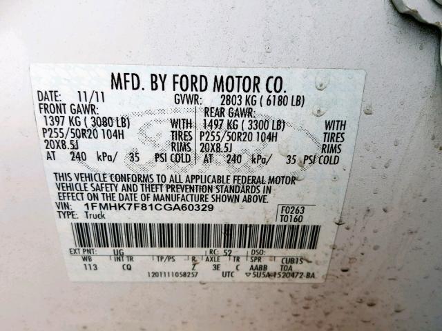 1FMHK7F81CGA60329 - 2012 FORD EXPLORER L WHITE photo 10