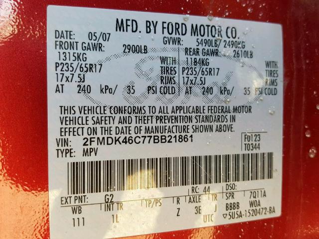 2FMDK46C77BB21861 - 2007 FORD EDGE SE RED photo 10