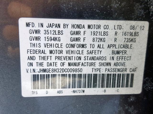 JHMGE8H32DC009850 - 2013 HONDA FIT GRAY photo 10