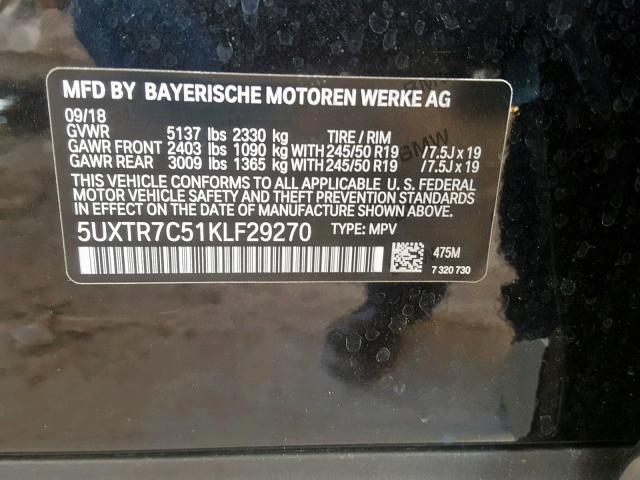 5UXTR7C51KLF29270 - 2019 BMW X3 SDRIVE3 BLACK photo 10