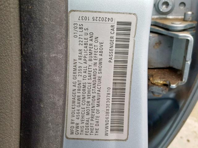 WVWND63BX3E307810 - 2003 VOLKSWAGEN PASSAT GL BLUE photo 10