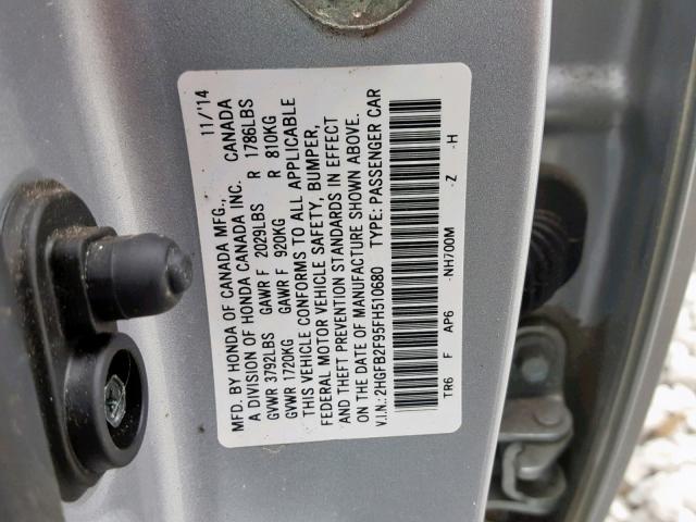 2HGFB2F95FH510680 - 2015 HONDA CIVIC EXL SILVER photo 10