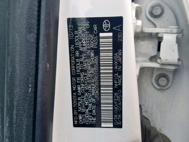 JTDKDTB39D1055486 - 2013 TOYOTA PRIUS C WHITE photo 10