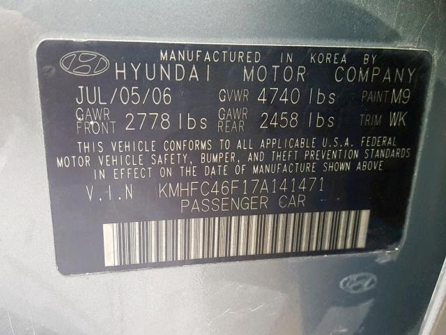 KMHFC46F17A141471 - 2007 HYUNDAI AZERA SE GREEN photo 10