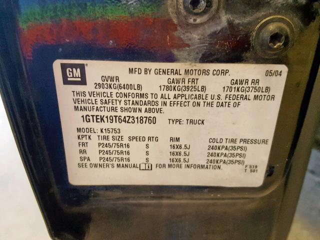 1GTEK19T64Z318760 - 2004 GMC NEW SIERRA BLACK photo 10