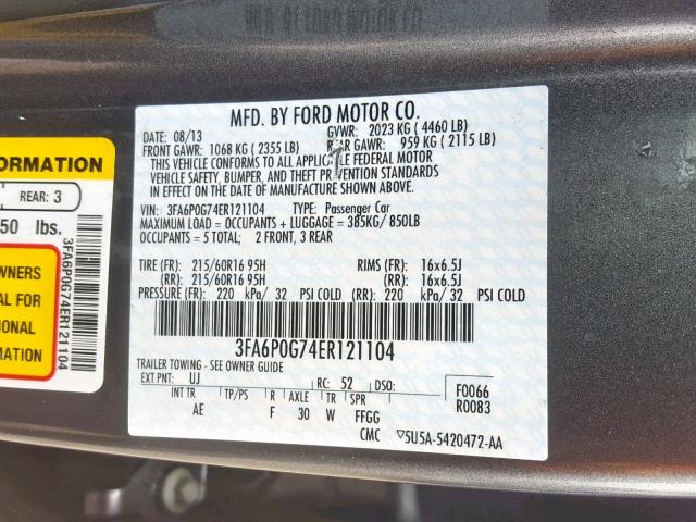 3FA6P0G74ER121104 - 2014 FORD FUSION S GRAY photo 10