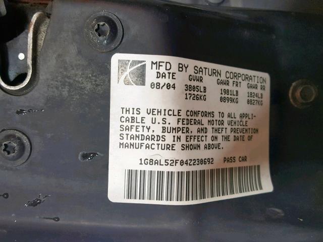 1G8AL52F04Z230692 - 2004 SATURN ION LEVEL WHITE photo 10