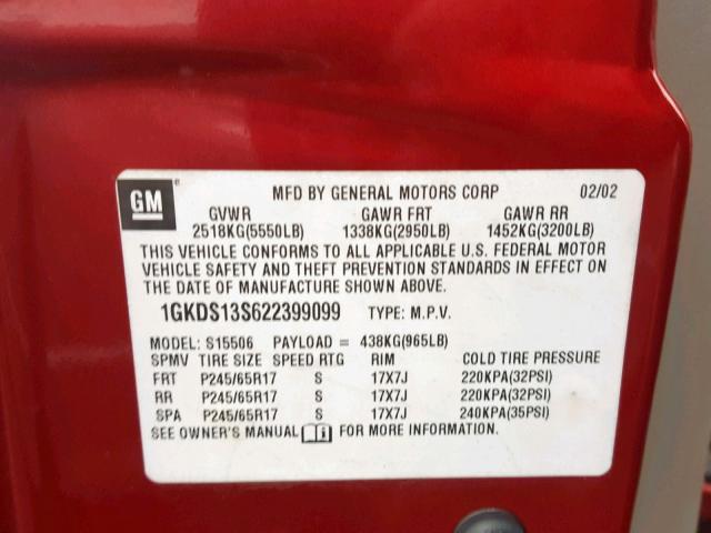 1GKDS13S622399099 - 2002 GMC ENVOY BURGUNDY photo 10