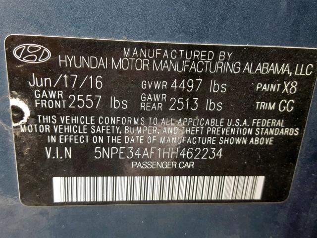 5NPE34AF1HH462234 - 2017 HYUNDAI SONATA SPO BLUE photo 10