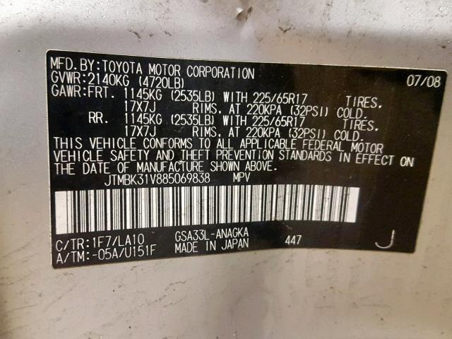 JTMBK31V885069838 - 2008 TOYOTA RAV4 LIMIT SILVER photo 10