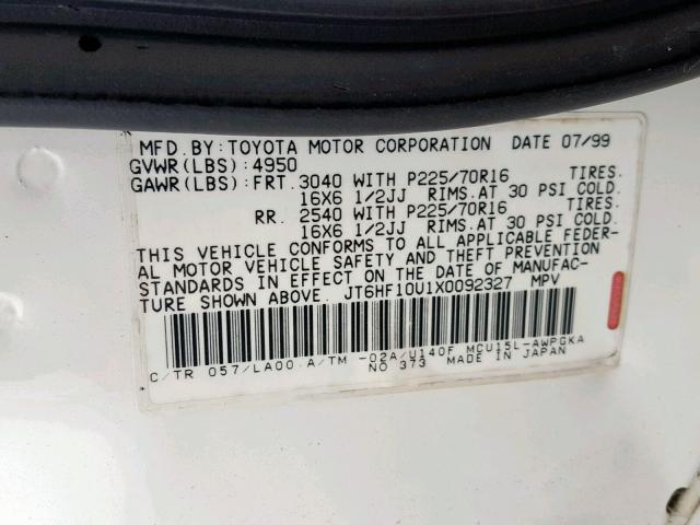 JT6HF10U1X0092327 - 1999 LEXUS RX 300 WHITE photo 10