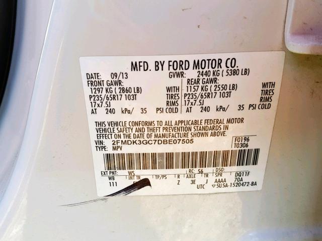 2FMDK3GC7DBE07505 - 2013 FORD EDGE SE WHITE photo 10