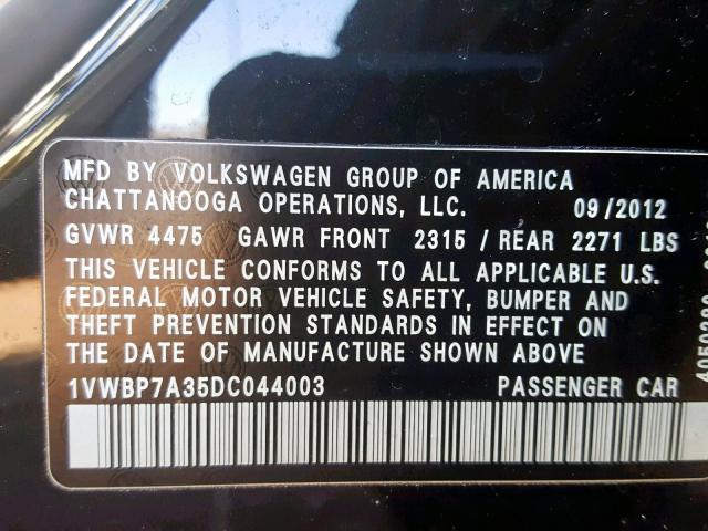 1VWBP7A35DC044003 - 2013 VOLKSWAGEN PASSAT SE BLACK photo 10