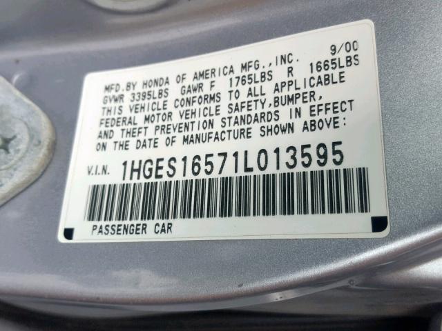 1HGES16571L013595 - 2001 HONDA CIVIC LX SILVER photo 10