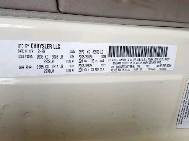 1A8HW58228F136491 - 2008 CHRYSLER ASPEN LIMI CREAM photo 10