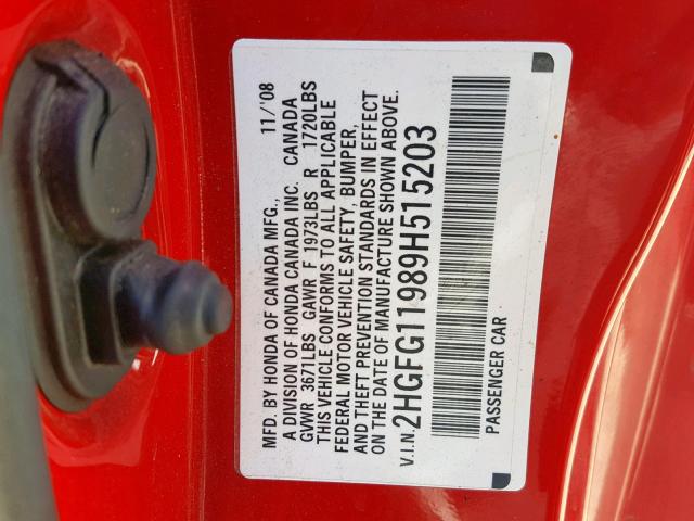 2HGFG11989H515203 - 2009 HONDA CIVIC EXL RED photo 10