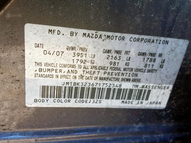 JM1BK323671752348 - 2007 MAZDA 3 S TURQUOISE photo 10