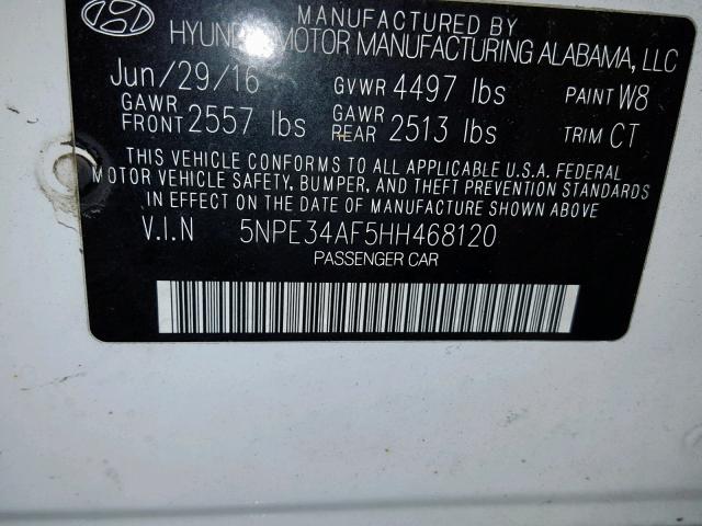 5NPE34AF5HH468120 - 2017 HYUNDAI SONATA SPO WHITE photo 10