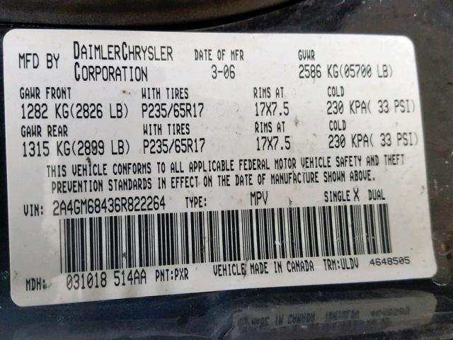 2A4GM68436R822264 - 2006 CHRYSLER PACIFICA T BLACK photo 10