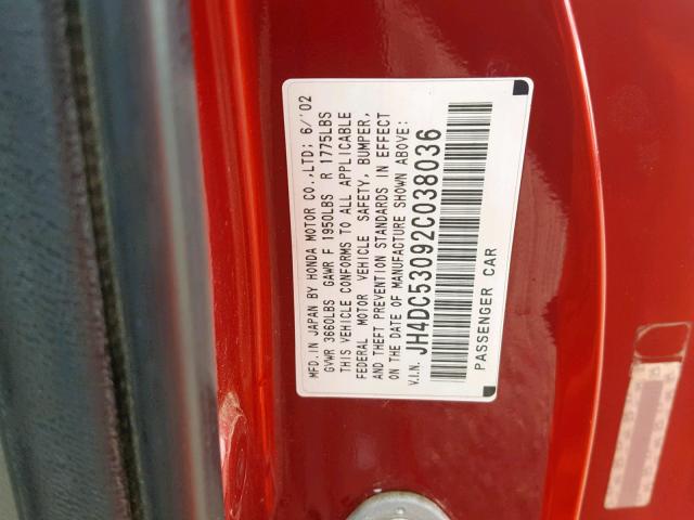 JH4DC53092C038036 - 2002 ACURA RSX TYPE-S RED photo 10