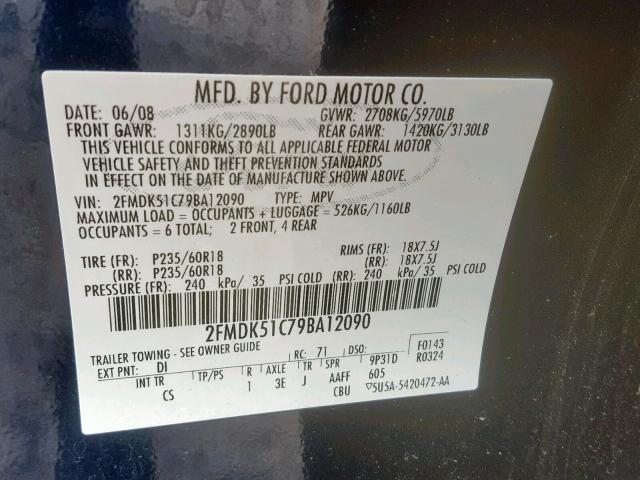 2FMDK51C79BA12090 - 2009 FORD FLEX SE BLUE photo 10