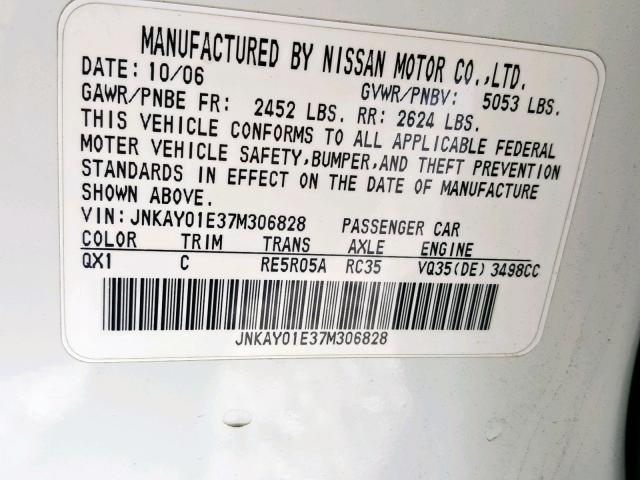 JNKAY01E37M306828 - 2007 INFINITI M35 BASE WHITE photo 10